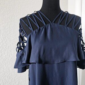 Navy Gianni Binni cage shoulder midi dress NWT Large